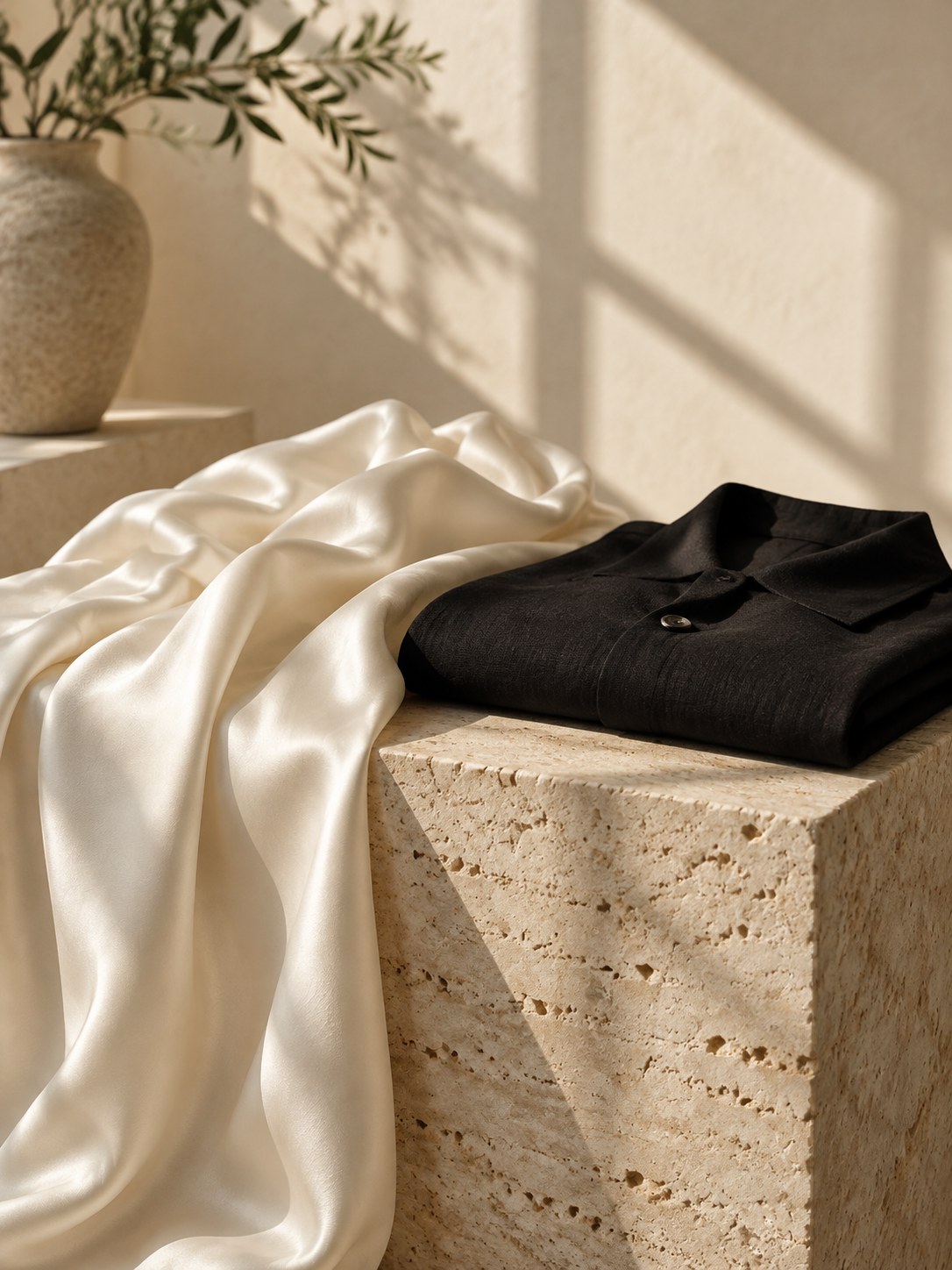 Illustrative silk and linen wardrobe still life, no person