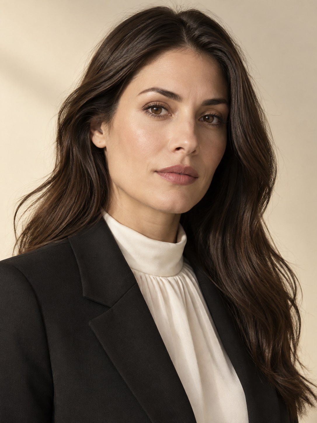 Illustrative fully clothed adult brunette editorial portrait, not Kylie